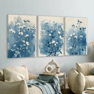 Set of 3 Blue Watercolor Flowers Wall Art 3040